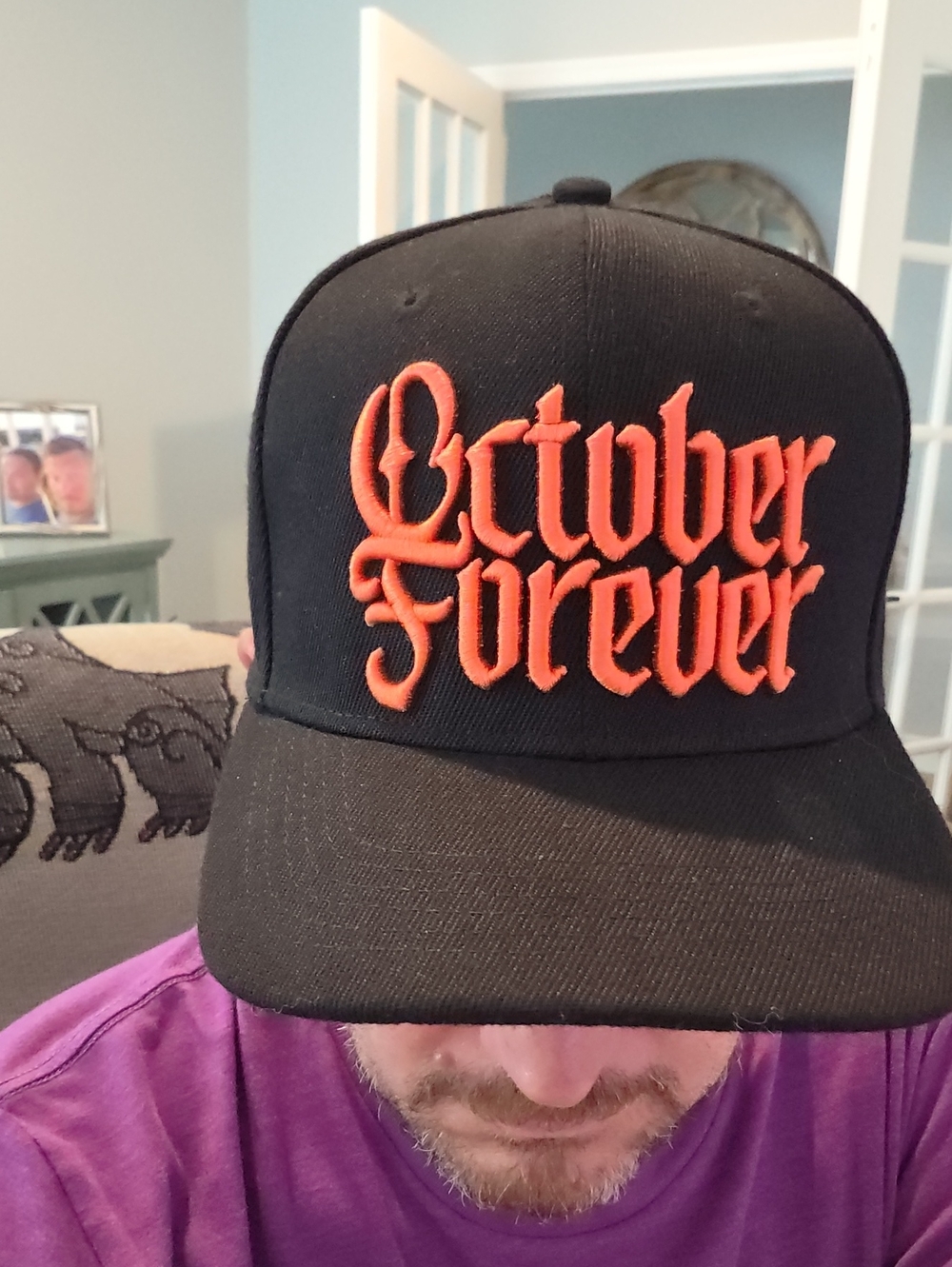 Black Snapback Hat with Orange "October Forever" Embroidery